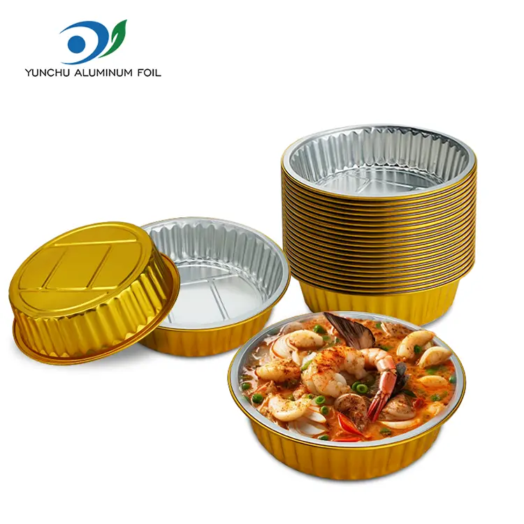 ڈسپوز ایبل گریٹین گولڈن راؤنڈ ایلومینیم ورق کنٹینر